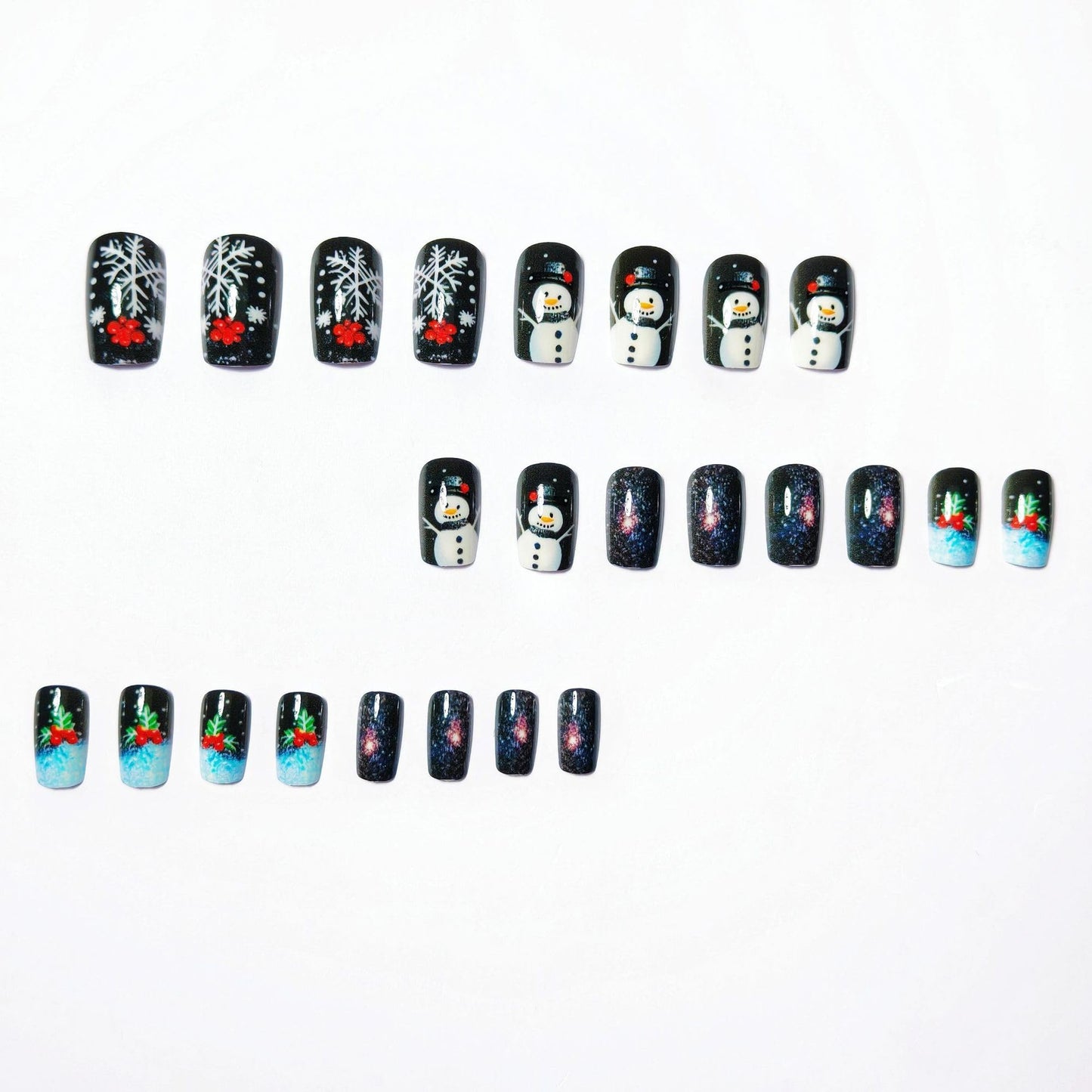 24Pcs Christmas Press on Nails Short Christmas Tree Fake Nail with Snowman & Snowflake Designs Blue Tip Xmas Nails Press ons Full Cover Glossy False Nails for Women
