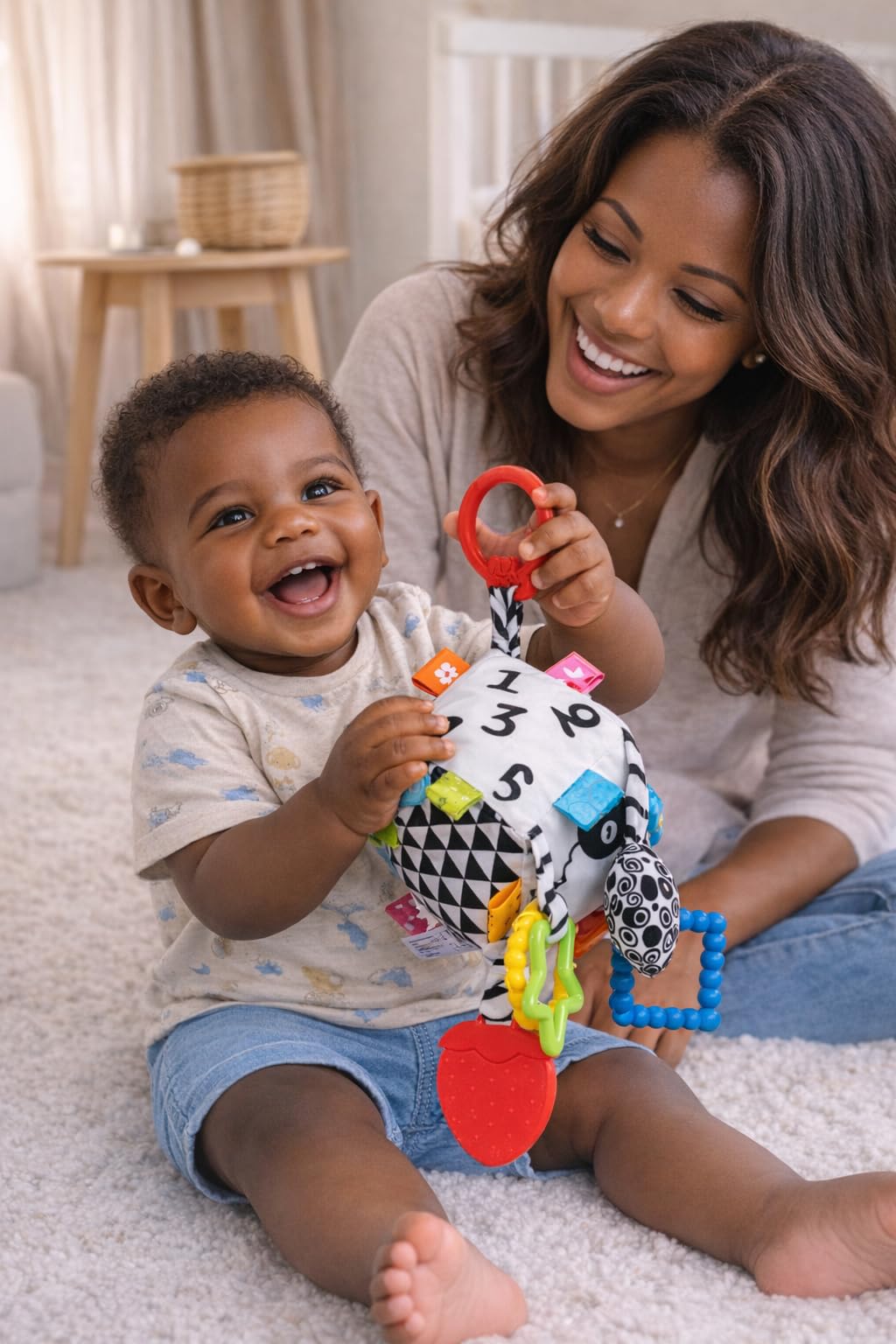 Balibazoo Sensory Activity Cube for Babies 0-24M - High-Contrast Black & White Developmental Toy | BPA-Free Silicone Teether, Crinkle, Rattle Rings | Clip Attachment | Gift for Newborns