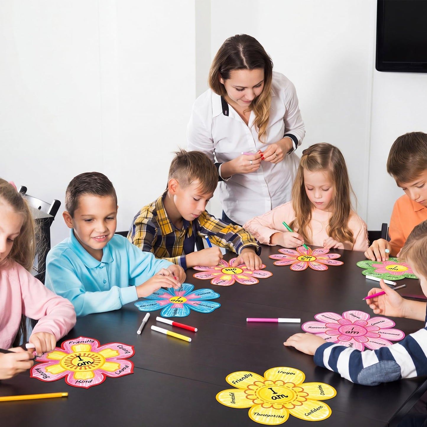 Motipuns 36 Pcs Affirmation Floral Craft 11 Inch Pre Cut Affirmation Floral Back to School Craft Kit for Positive Message Flower for Classroom Home Social Emotional Learning Activities