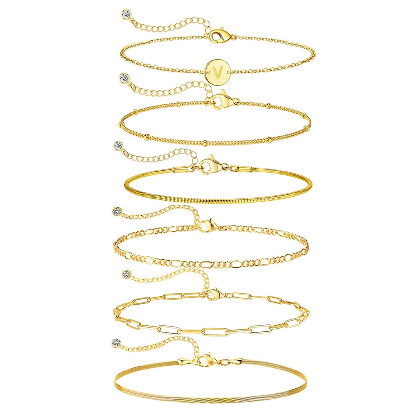 Lydow Bracelets for Women, Stack Jewelry Set Initial V Chain Stackable Letter Teen Accessories Pulseras Para Mujer 6 Inch 6PCS