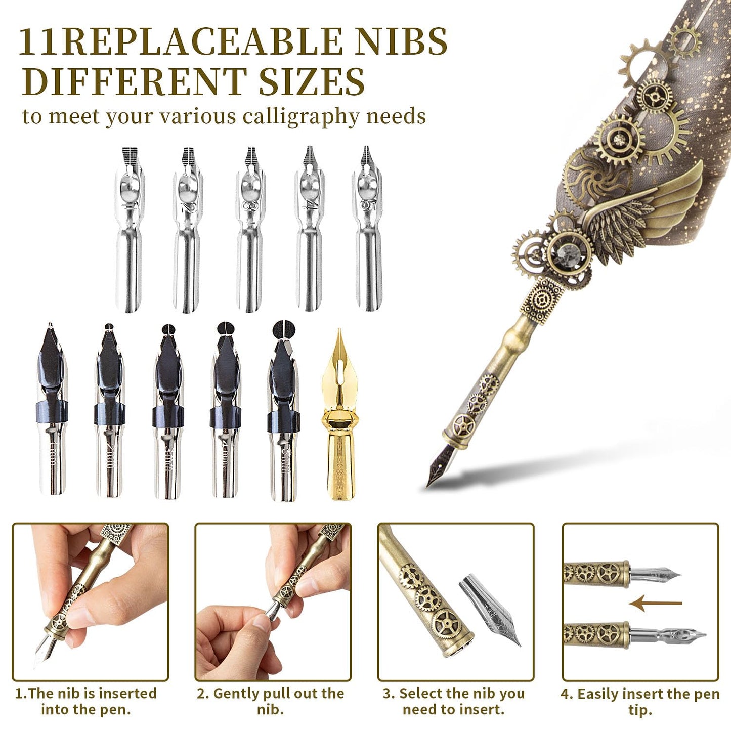 LongLongJin Calligraphy Pens and Ink Set - Calligraphy Kits for Beginners,Quill Pen Includes Dip Pen,8*Colors Ink,11*Calligraphy Pen Nibs（Grey）