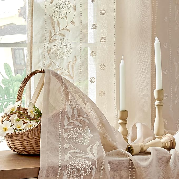 jinchan Winslow Beige Sheer Curtains 84 Inch for Bedroom Living Room Embroidered Bordered Floral Nursery Curtains for Playroom Dorm Light Filtering, Ivory on Beige, 2 Panels, 50W x 84L