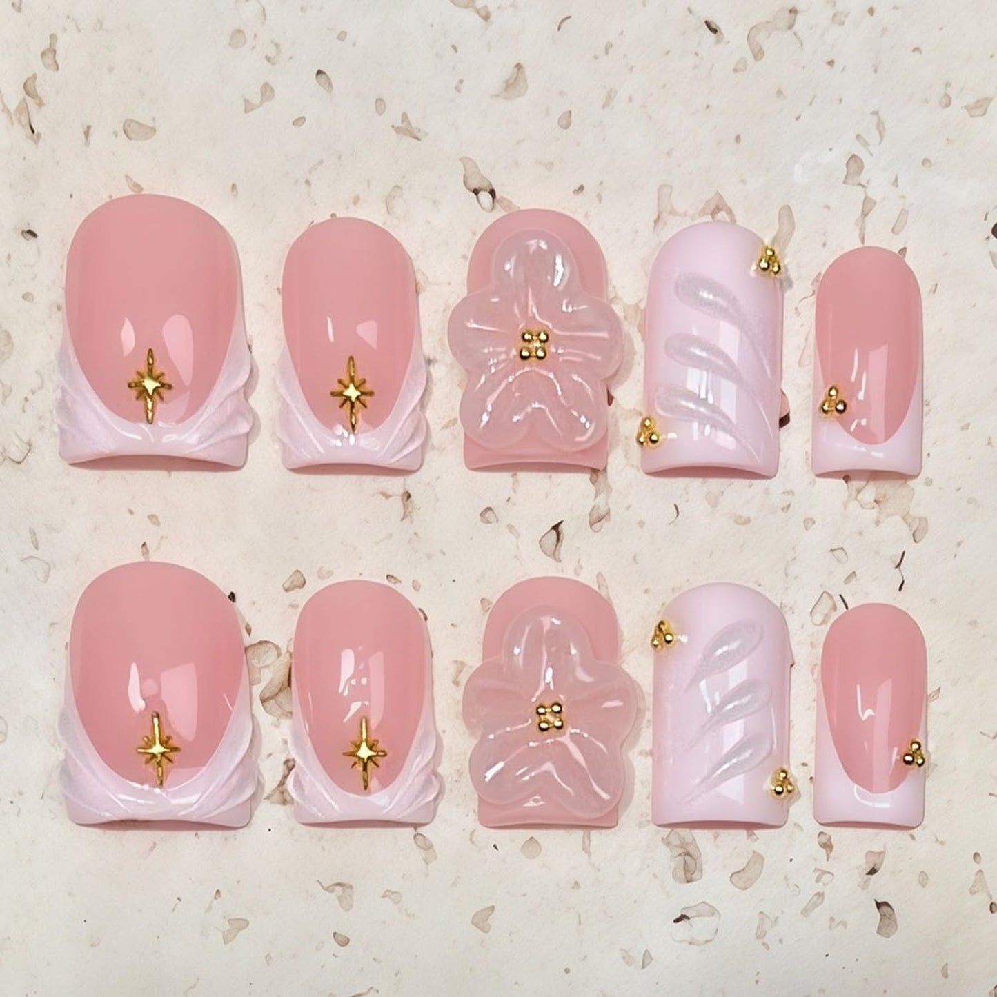 Pink Flower Press on Nails Handmade Press on Nails Short Duck Muti-Layer Gel Acrylic Nails with Design Thick White French Tip False Nail Full Cover Acrylic Stick on Nail for Women (M)