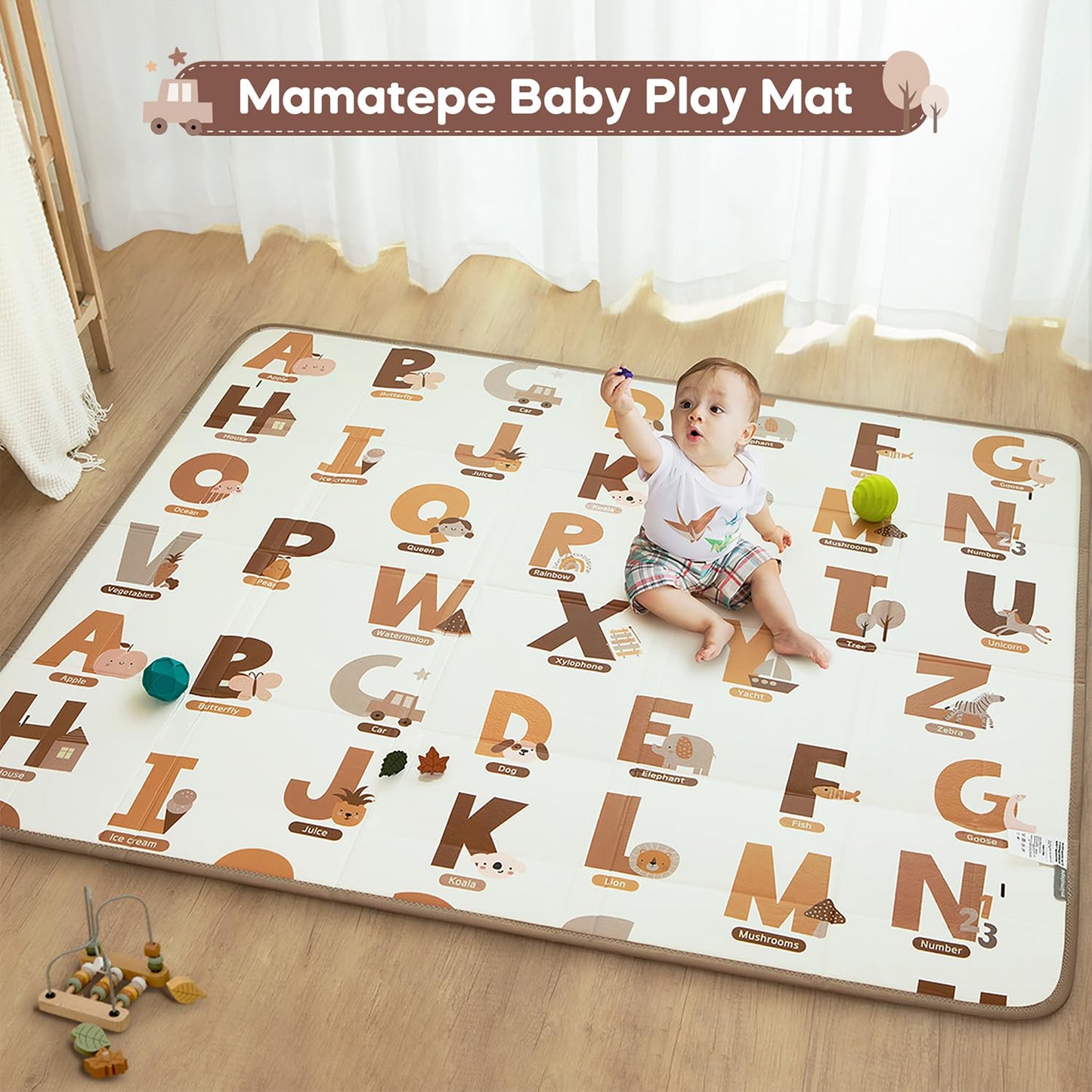 Foldable Baby Play Mat, 65" X 50" Waterproof Double-Sided Cushioned Activity Play Mat, Soft Lightweight Foam Playmat with Fold-Up Sides, Non Slip Crawling & Playing for Infants and Toddler, Alphabet