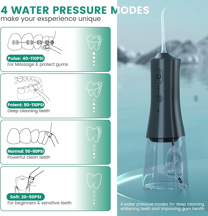 Water Flosser Cordless Rechargeable, 265ML Oral Irrigator with 4 Modes & 6 Nozzles, IPX7 Waterproof, 60-Day Battery, Portable Travel Electric Dental Flosser for Teeth Cleaning and Gum Care, W1