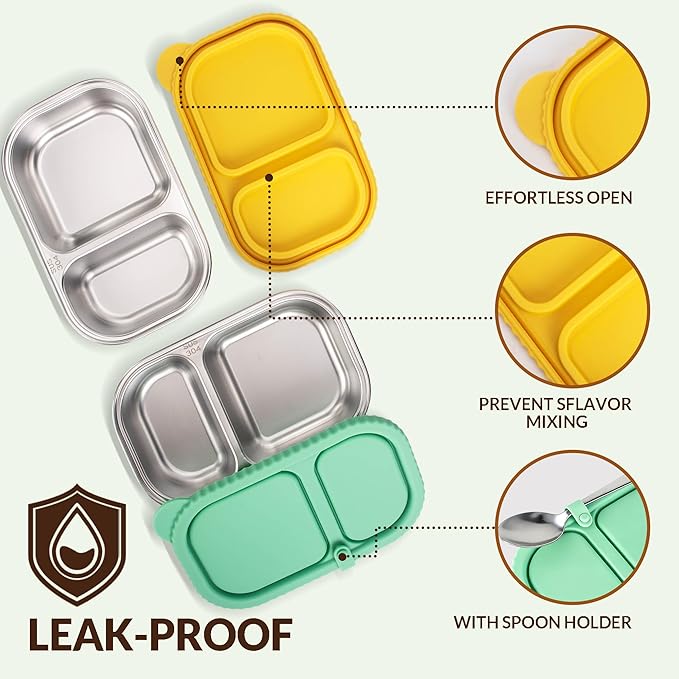 HI-REEKE 13 OZ Stainless Steel Snack Containers with Lids, 4 PCS Reusable Double Compartments Metal Snack Packs for Sauce
