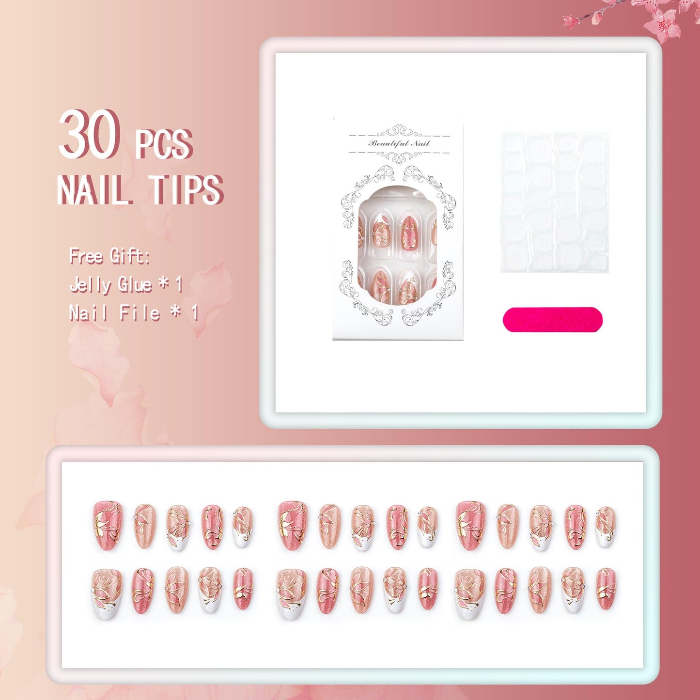 plalely Long Press on Nails Almond, Acrylic Press on Nails with Flower Designs, Long Almond Nail Tips for Women 24pcs