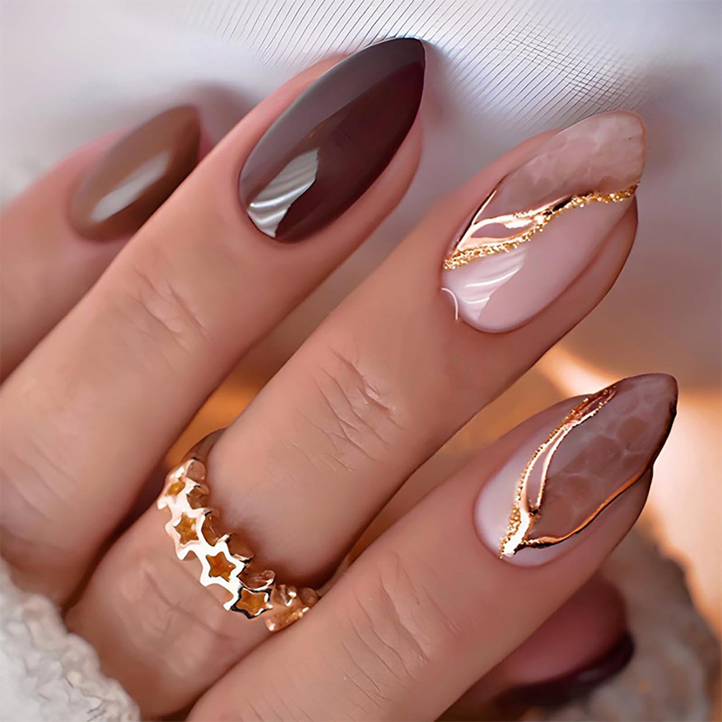 Medium Almond Press on Nails With Designs Gold Glitter Gradient Pink Fake Nails Fall Nails Press ons Acrylic Nails Brown False Artificial Full Cover Stick on Nails for Women Girls 24 Pcs