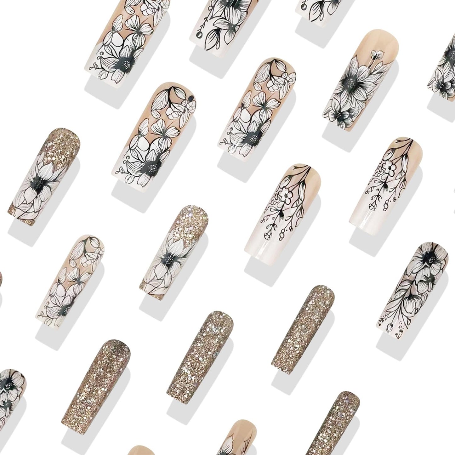 IMRAIN Long Square Press on Nails Glossy Gold Glitter Fake Nails Black Flowers Acrylic False Nails Sparkly Full Cover Glue on Nails for Women DIY Manicure Decor 24Pcs