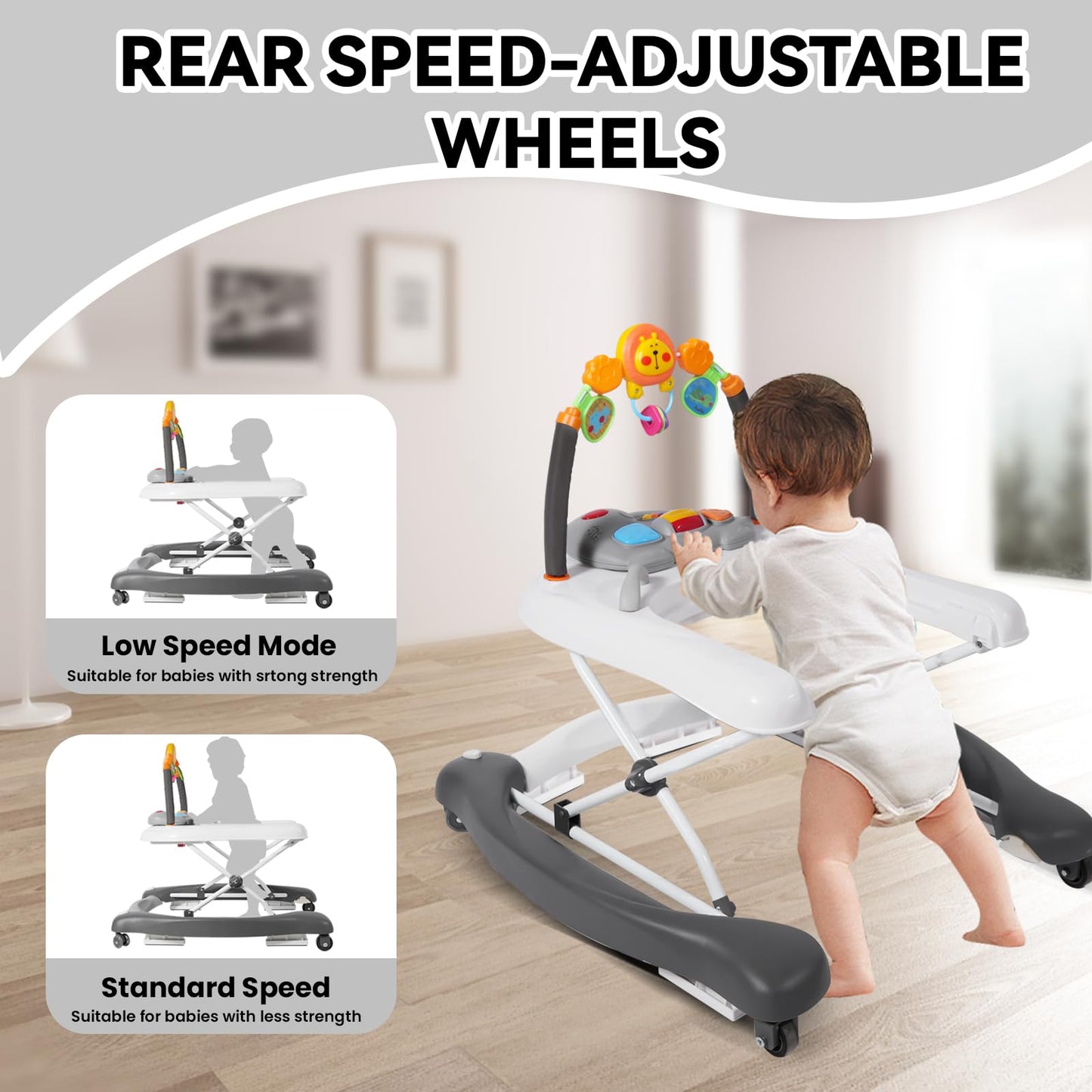 RefoereBabe Baby Walker, 5 in 1 Baby Walkers for Boys Girls 6-12 Months, Foldable Walkers for Babies with Bouncer & Feeding Tray, Music, Adjustable Heights, Activity Walker for Infant