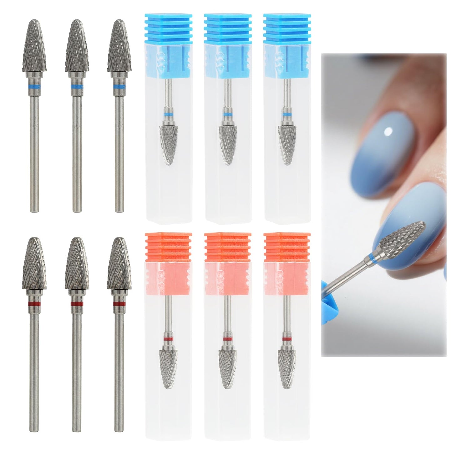 6 Pack 3/32" 5 in 1 Professional Carbide Nail Drill Bits Sets with Case, Tungsten Safety Drill Bits Tech Cuticle Bit Fast Remove for Manicurist Nail Salon Manicure Pedicure Gel Polishing (Round Head)