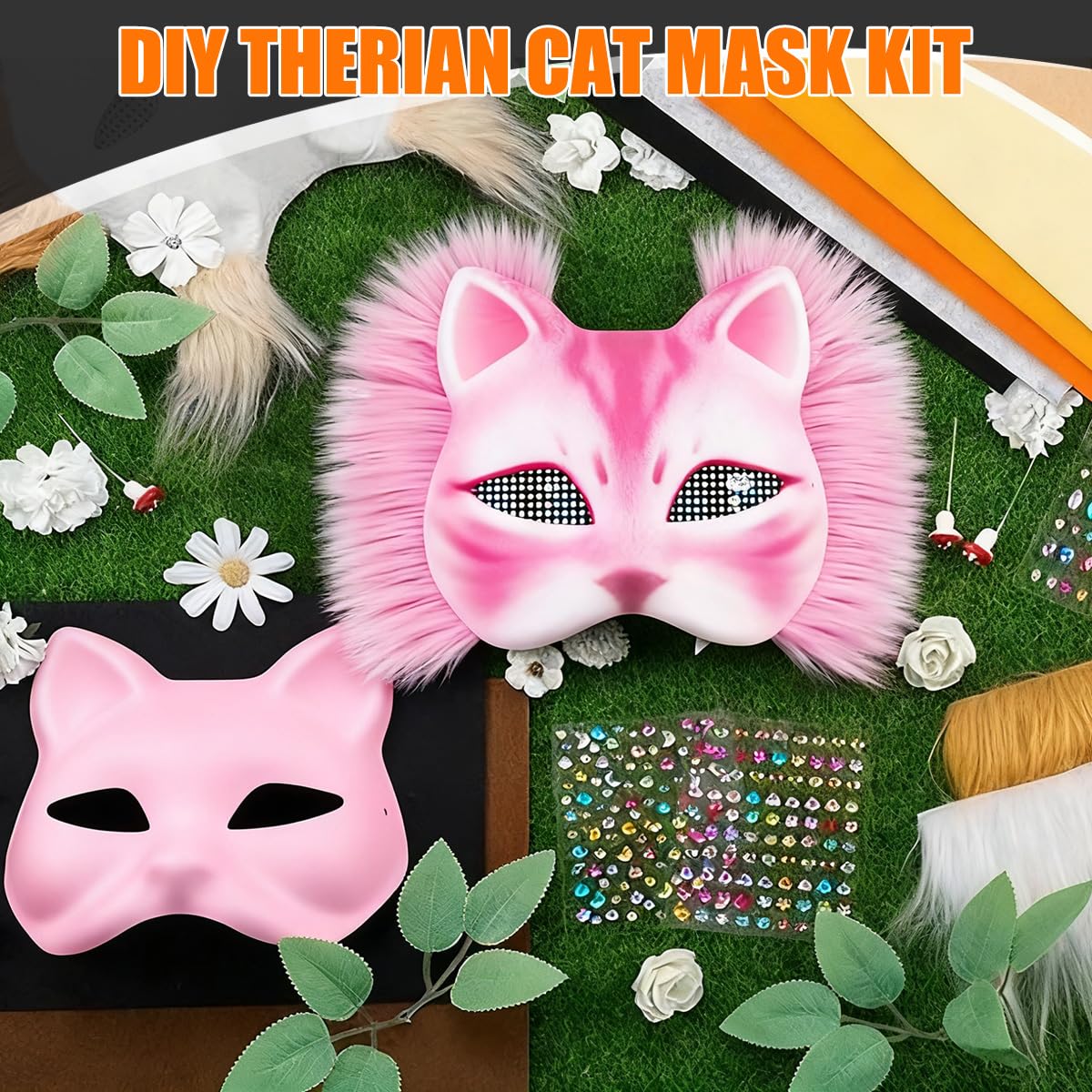 WAYNHUI Diy Therian Mask Kit Blank Cat Fox Mask Material- Gem Stickers for Therian Gear Stuff for Halloween, Cosplay, Masquerade, Party.