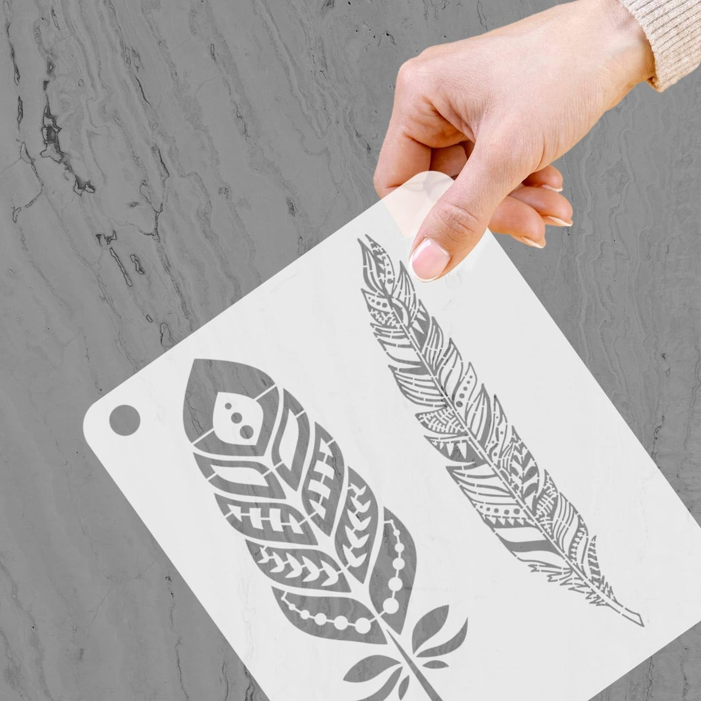 YKW Feather Stencils for Painting, 6 Pack Reusable Boho Feather Templates, DIY Art Supplies for Wall Decor, Fabric, Wood, Canvas - Tribal Bohemian Craft Stencil Set,Mandala Style Fusion