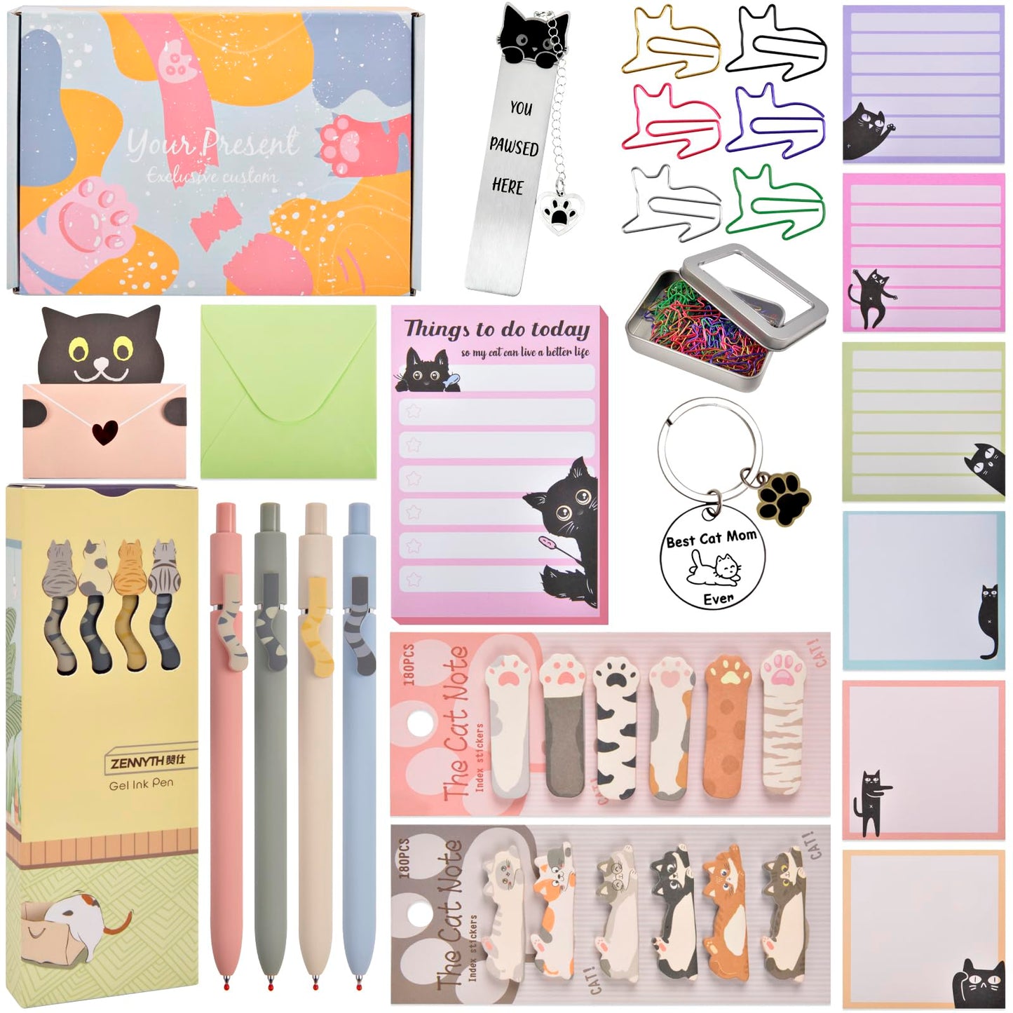76 Pcs Cat Lover Gifts for Women - Cute Office Sticky Notes Supplies, Cat-themed Pens Stationery Set, Post Notepads Desk Accessories, Small Girls Funny Stuff, Mini Cat Clips Decor, Unique School Items