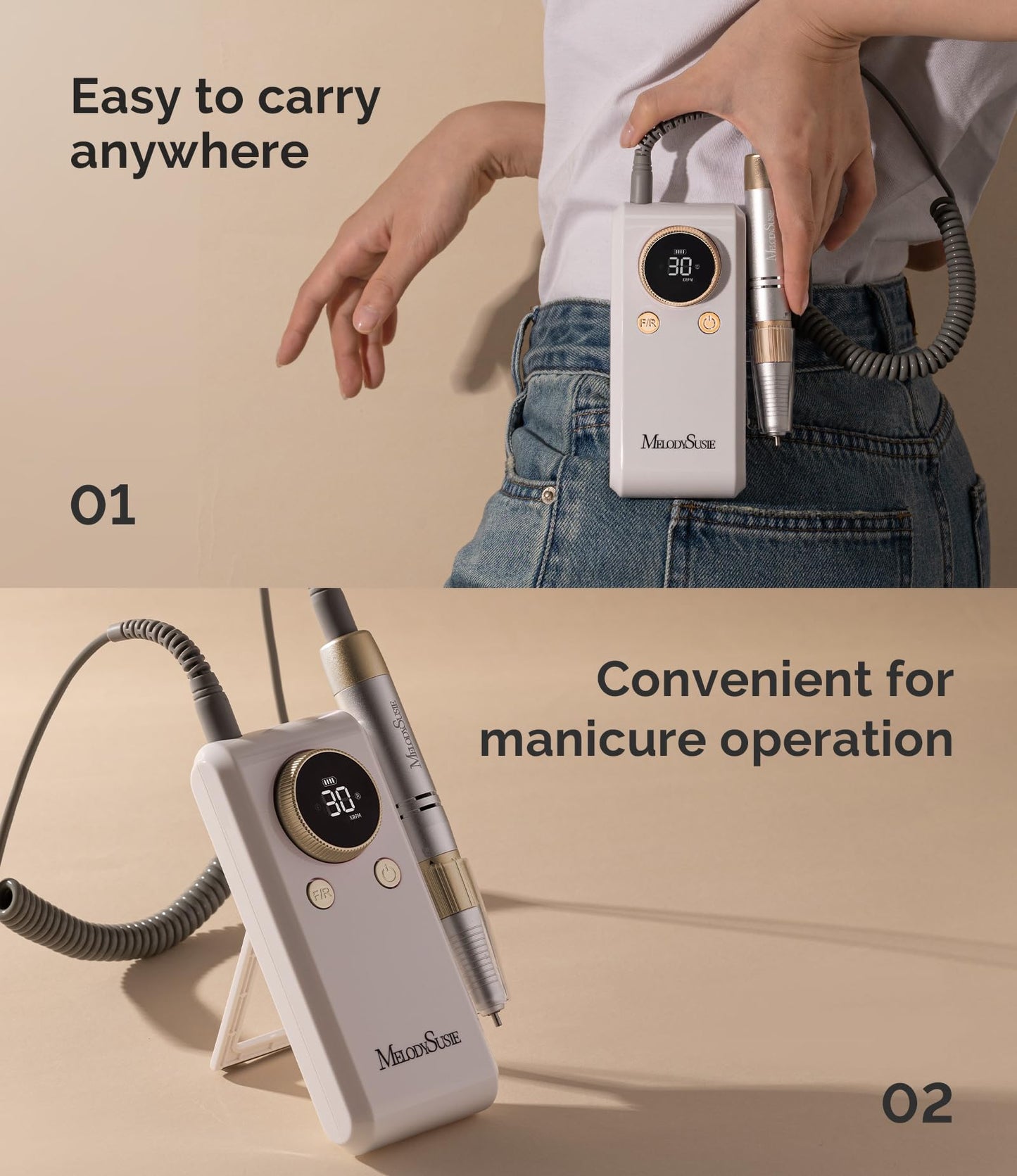 MelodySusie Entry-Level Clip-On Cordless 2-in-1 Nail Drill with Adjustable Built-in Stand, SC330G 30000RPM E-File for All Manicure Shaping & Gel Removal, Ideal for Training, Nail Art Practice at Home