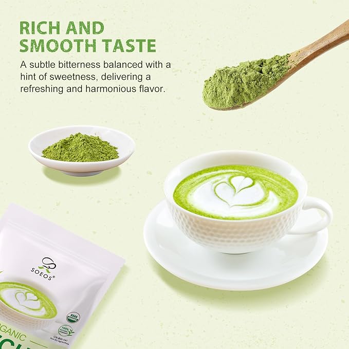 Soeos Organic Matcha Powder, Matcha Green Tea Powder, 2 oz (57g), Antioxidant-Rich Japanese Matcha for Lattes, Smoothies and Baking, Recyclable Bags