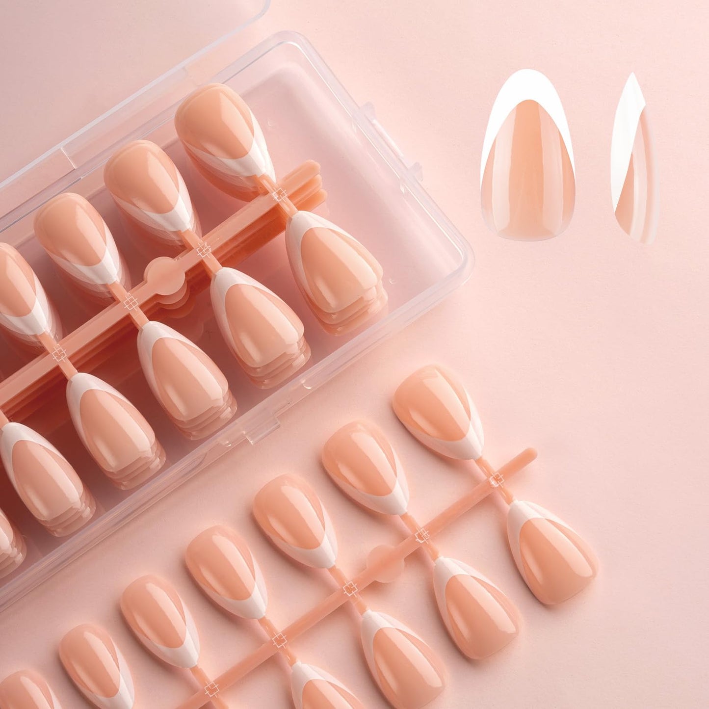 Pre-Design Nude Base White Gel French Nail Tips, French Tip Press On Nails Short Almond Shape, Basic Fake Nails With Glue Tabs 240 Pcs/Set