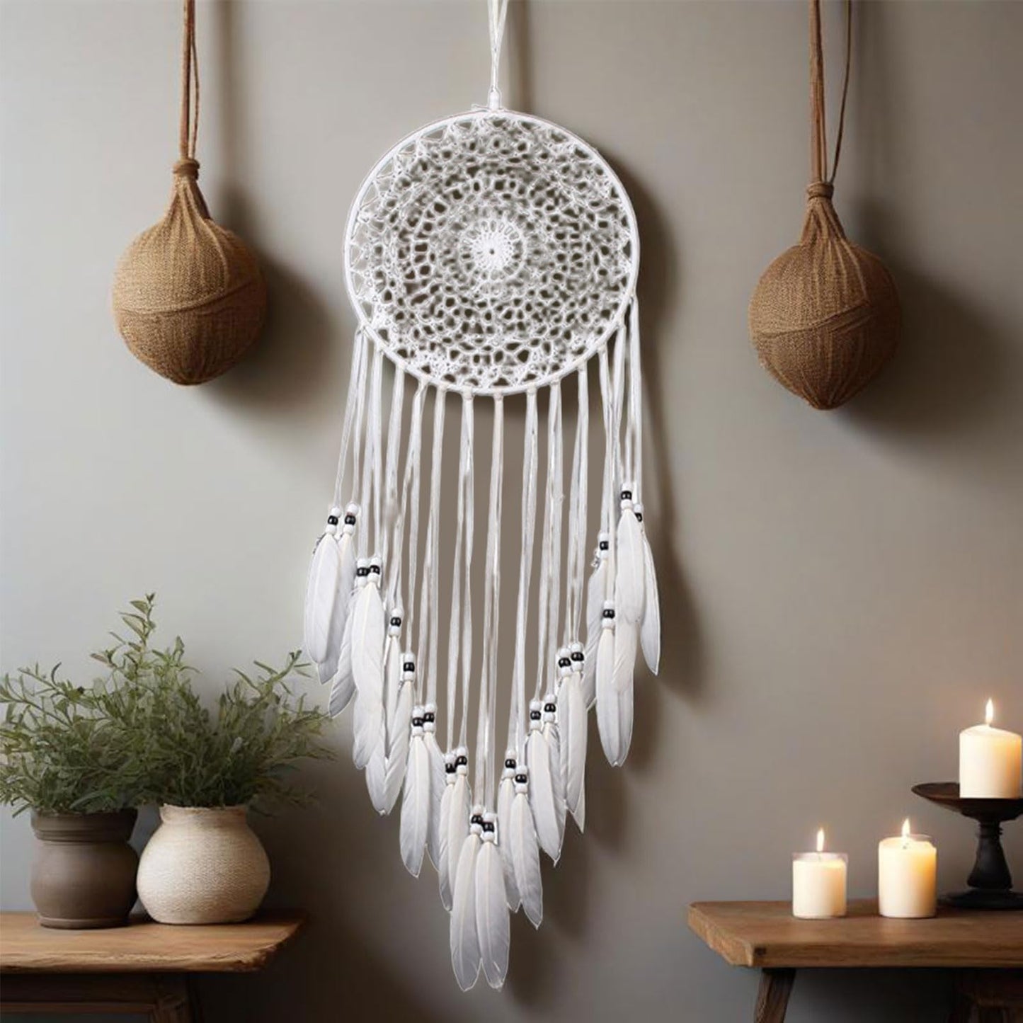 Large White Dream Catcher, Handmade Crochet Macrame Feather Dreamcatcher | Bohemian Wall Hanging Home Decor for Bedroom, Nursery, Living Room & Wedding.