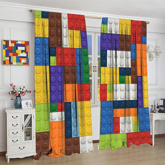 Kids Boy Curtain Blocks Toy Abstract Outline Colorful Geometric Brick Print Curtain for Boys Girls Nursery Room Curtains 42x54 Inch 2 Panels(Decor Curtains
