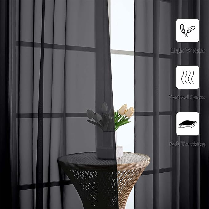 Lecloud Black Sheer Curtains 63 Inch Length 2 Panels, Voile Light Filtering Living Room Curtains for Bedroom, Rod Pockets Solid Soft Drapes for Bathroom Home Office, Each Panel 59" W x 63" L