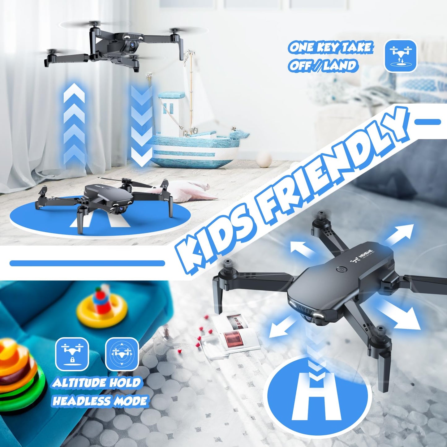 Drone with Camera for Kids Adults Beginners - 1080P HD RC Quadcopter with One Key Start/Land, Altitude Hold, Gravity Control, 2 Batteries, Cool Toys Gifts for Boys Girls, Black