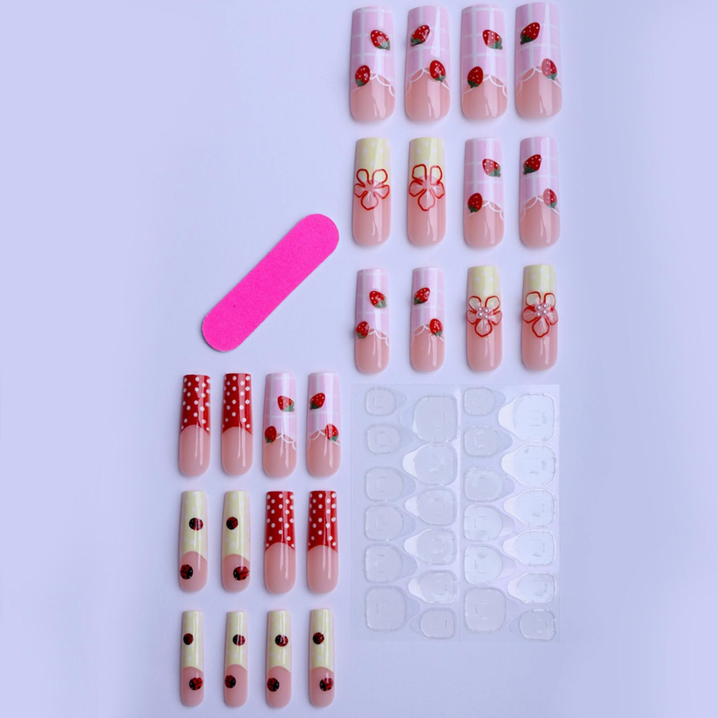 Long Press on Nails Square Fake Nails French Red Artificial Nail 3D Floral and Pearl Designs Cute Stick on Nail for Women 24pcs