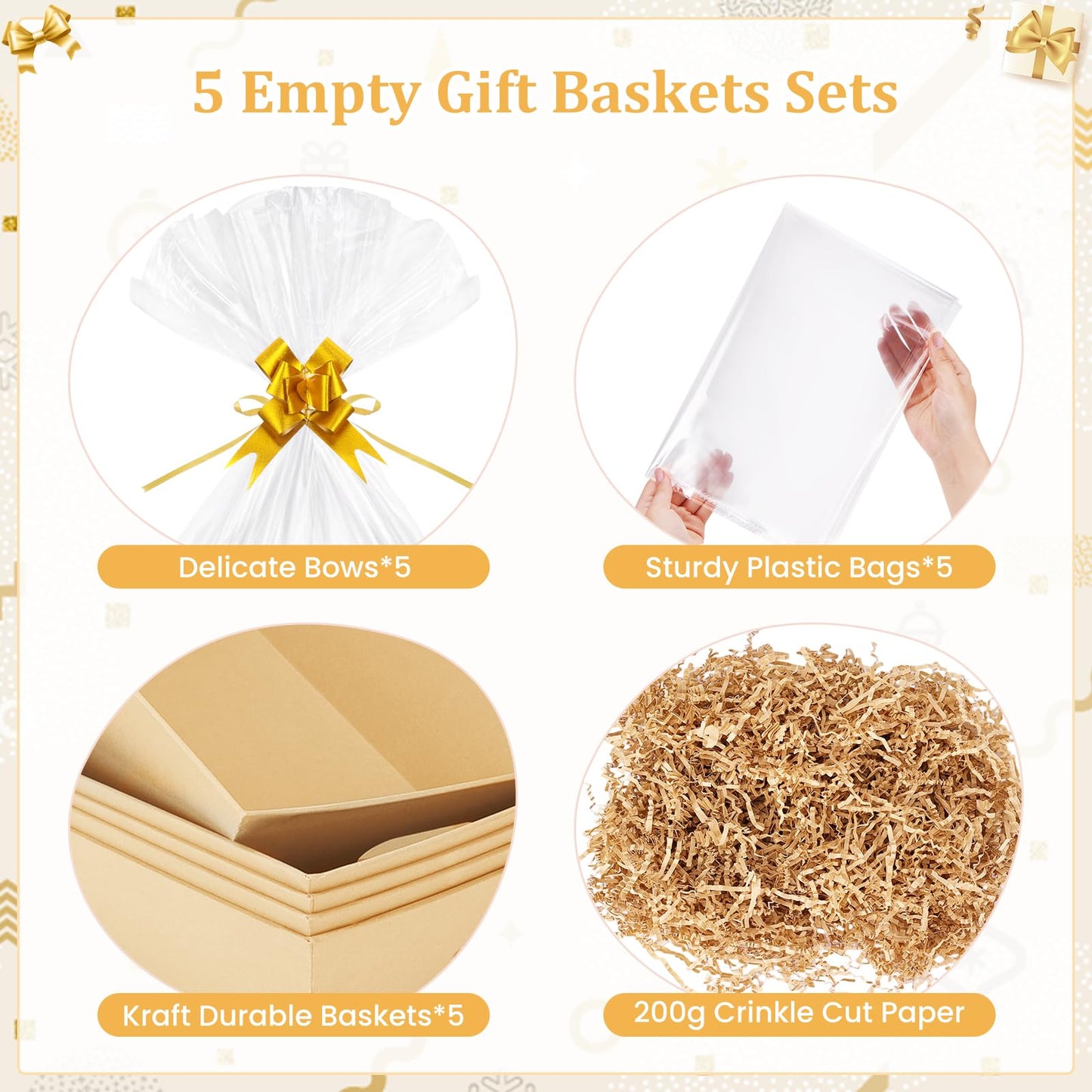 EVELOMO 5 Pack Empty Gift Baskets to Fill - 12" x 10" Large Baskets for Gifts Empty, Sturdy DIY Gifts Baskets Sets with 200g Crinkle Cut Papers for Birthdays Weddings Parties and Holidays (Kraft)