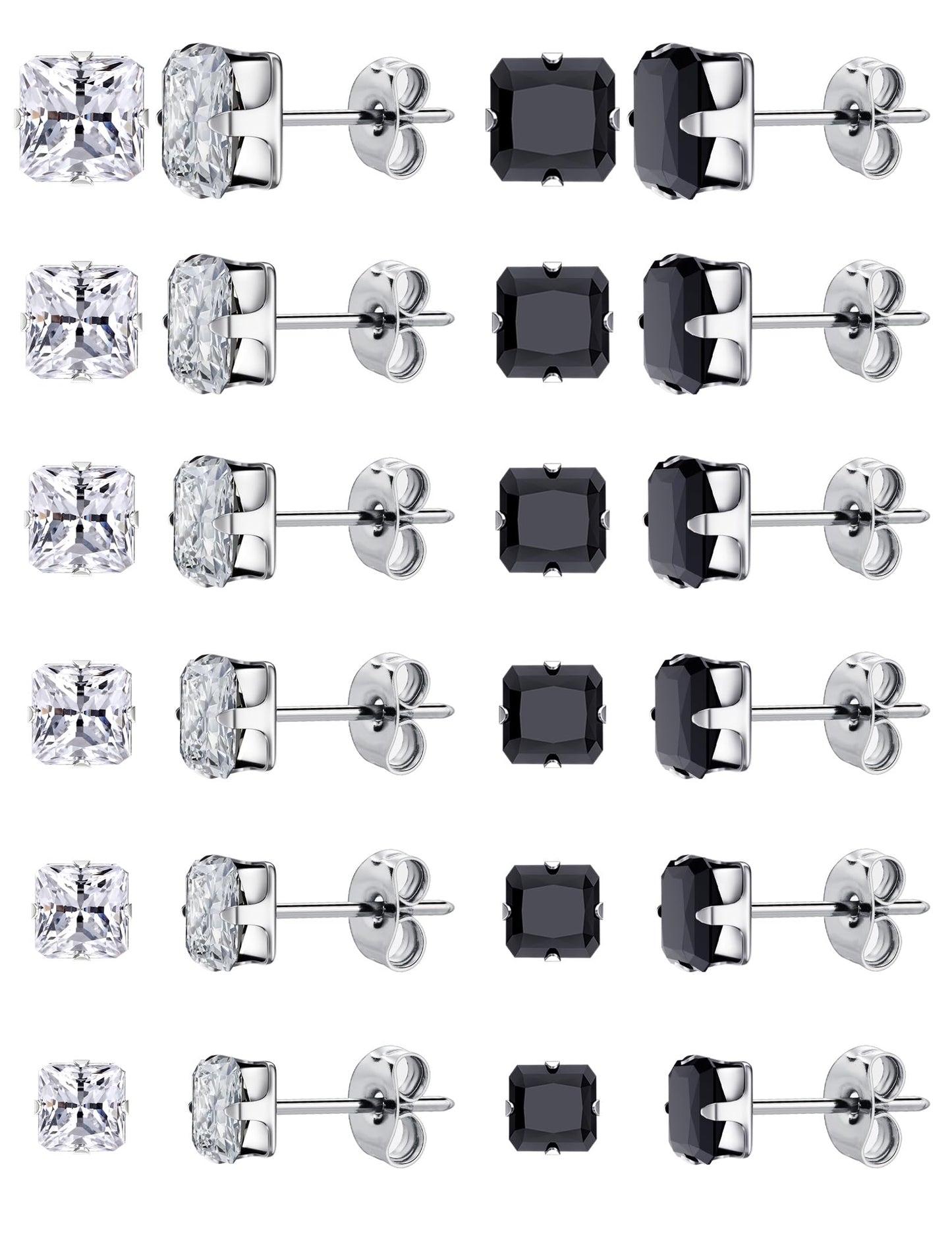 12 Pairs Silver Earrings - Surgical Steel & Zinc Earrings Set - Hypoallergenic Cubic Zirconia Studs - Women's & Men's - 3mm-8mm
