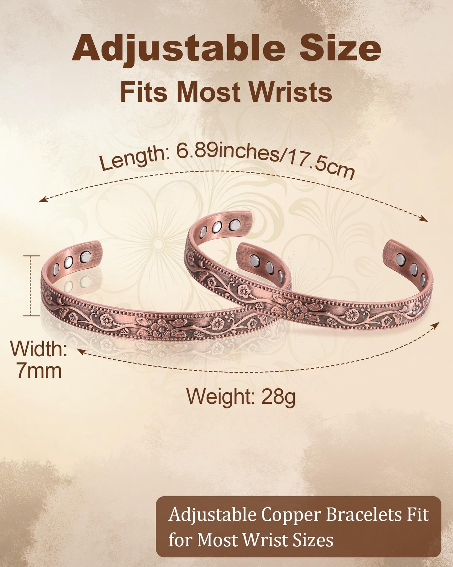 Fashtour Copper Magnetic Bracelets for Men Women,99.99% Pure Copper With 6 & 8 Ultra-Strong Magnets 3800 Gauss, Adjustable Design(2PCS) (Vintage)