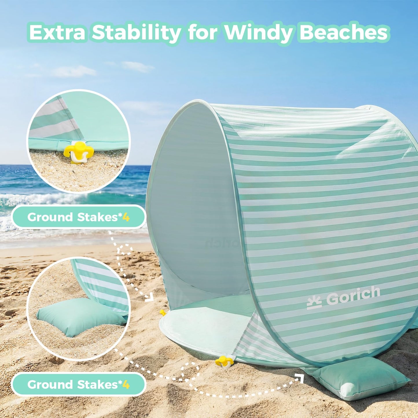 Gorich Pop Up Baby Beach Tent with UPF50+ UV Protection, Portable Toddler Sun Shelter with Mesh Ventilation, Lightweight & Foldable Play Shade Tent for Beach, Park & Backyard
