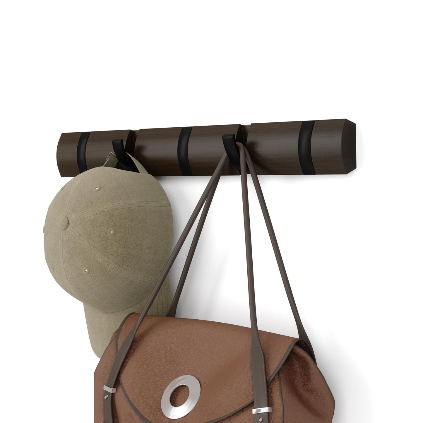 Umbra Flip Wall-Mounted Coat Rack with 5 Hooks – Modern, Space-Saving Storage for Hats, Jackets, Bags, Entryway, Mudroom, Closet, Bathroom, Bedroom – Black/Walnut