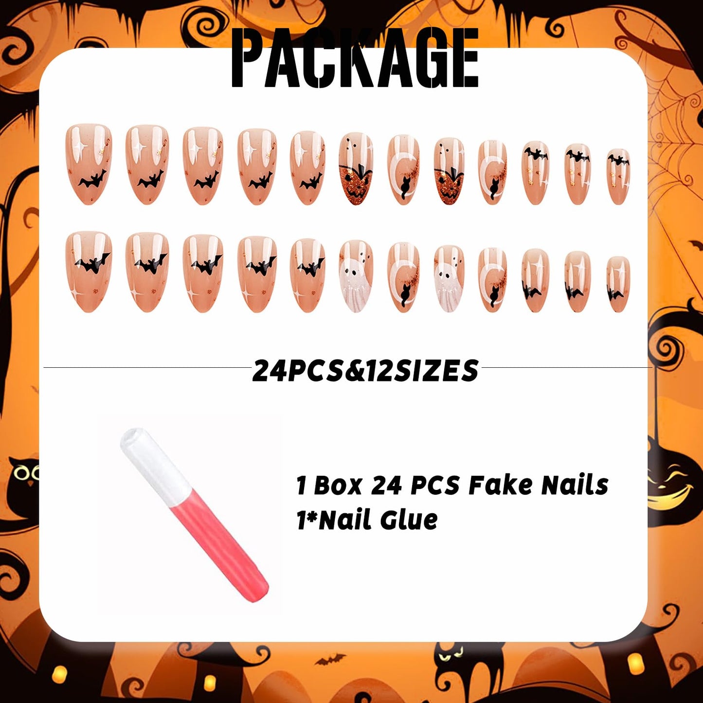IMSOHOT Halloween Press on Nails - Nude Medium Almond Fake Nails with 3D White Ghost, Orange Glitter Pumpkins, Black Bat Designs | 24 Nail Kit with Glue, Glossy Cute Glue on False Nails
