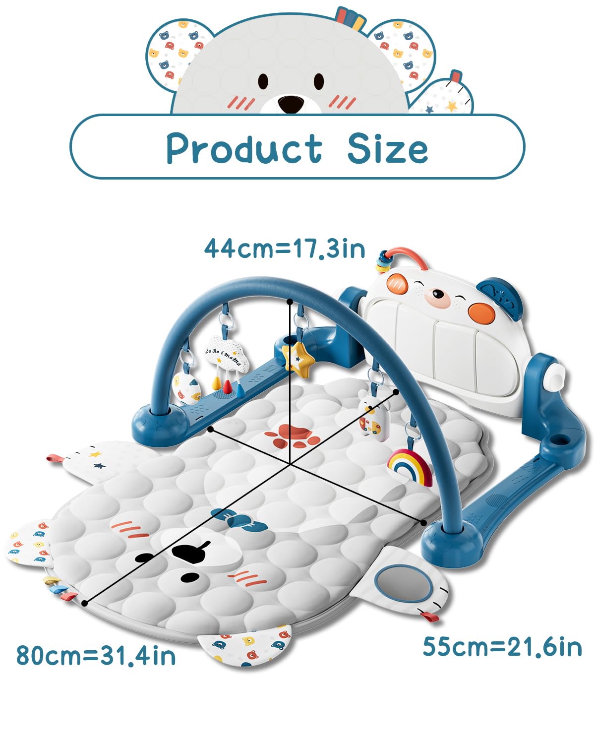 Baby Play Gym Mat, Kick and Play Piano Mat for Babies, Infant Tummy Time Activity Playmat with 5 Detachable Toys, Easy to Install & Clean