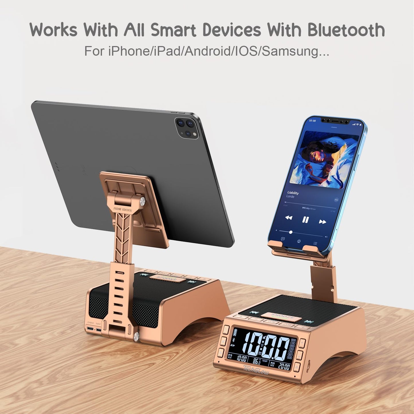 TechGlow Foldable Cellphone Stand with Bluetooth Speaker Charging Station Birthday Gifts for Men Women Mother Father Boy Girl Teens Cool Tech Gadgets-Rose Gold