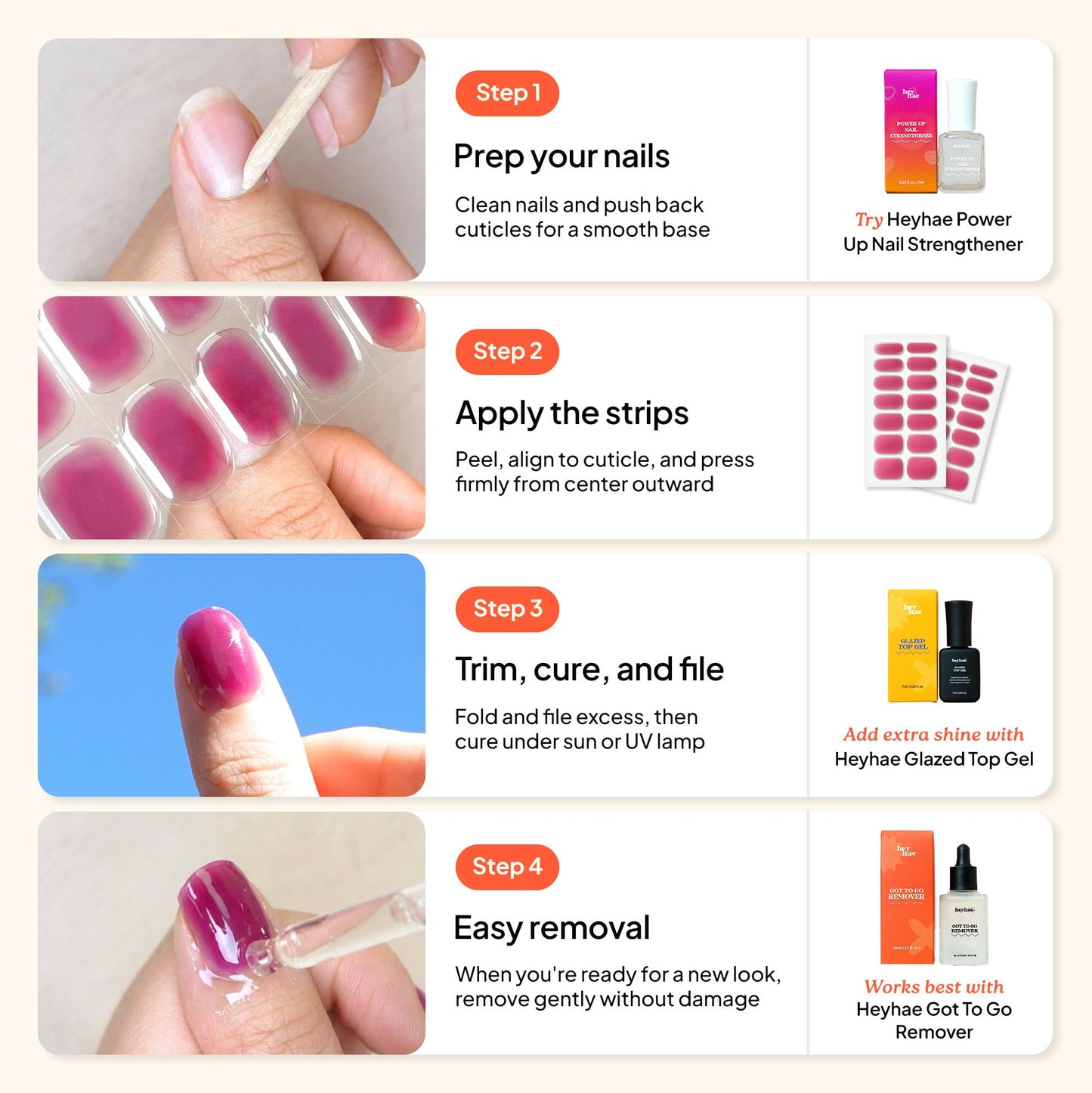 Heyhae Semi Cured Gel Nail Strips | No LED Lamp Needed |Purple, Ombre | Easy Apply & Remove, Salon Quality | Includes 28 Strips, 2 Prep Pads, Nail File & Wooden stick - Hey, Born to Shine