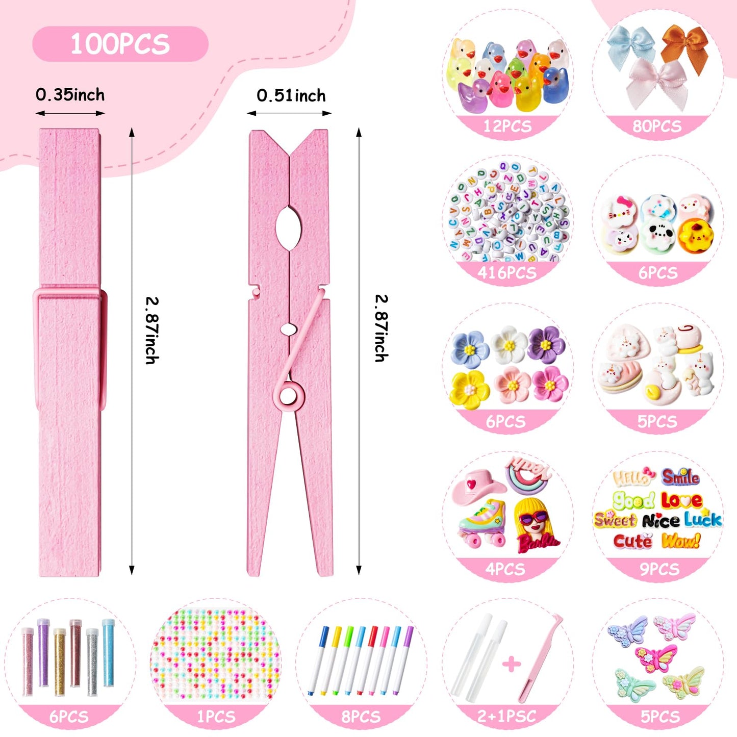 Dufvrpe Cheer Pins Kit with 100pcs 2.8" Clips - 80 Mini Bows, 12 Cheer Ducks, 416 Letters & 35 Decorations for Cheerleaders, Volleyball Teams | Spirit Clips with Glue & Tools