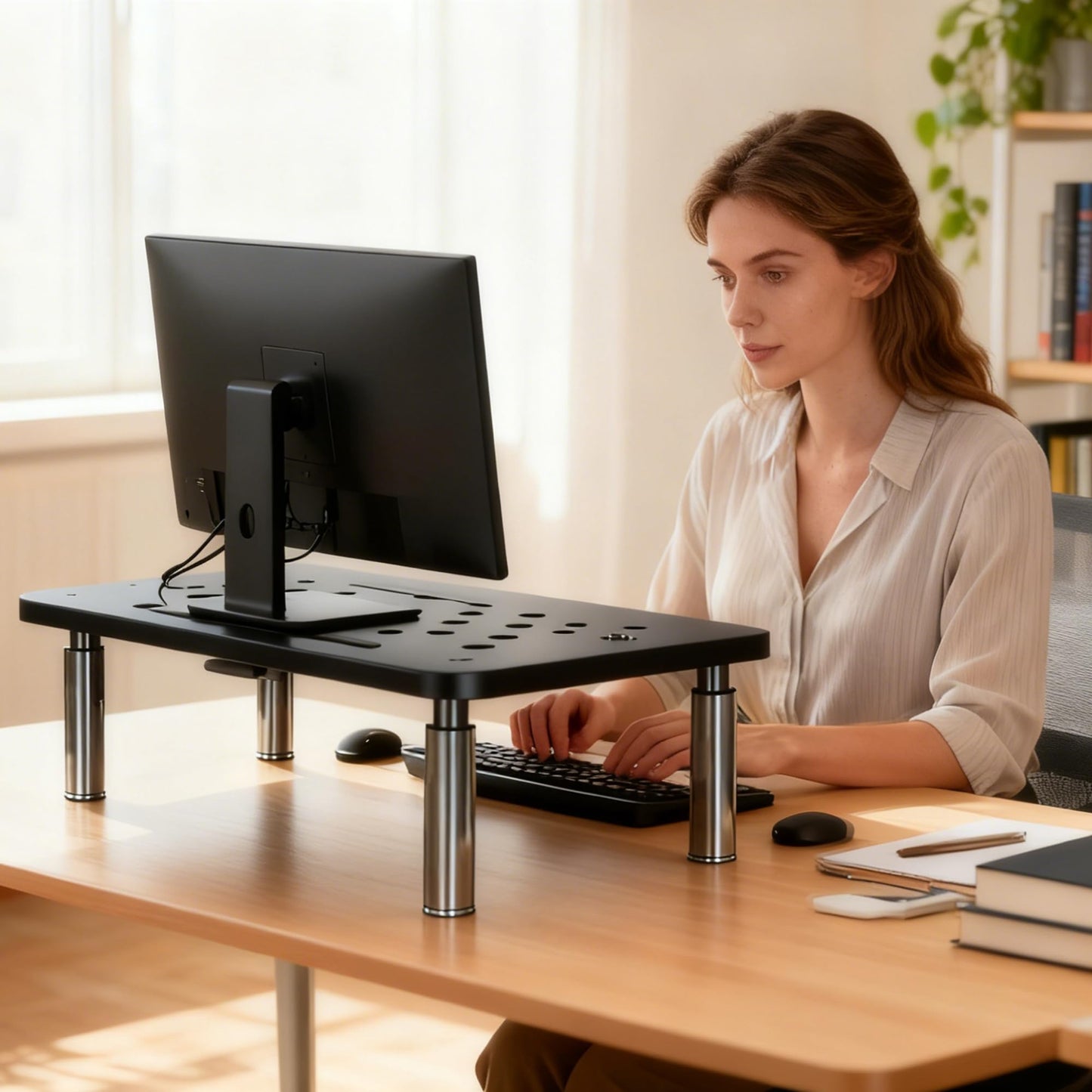 Monitor Stand Riser with Drawer - Adjustable Height (10.5-14.5cm) 3 Gears, Carbon Steel Desk Organizer for Computer/Laptop, Ventilated, Multi-Layer Storage for Office Home，pc stand (Black)