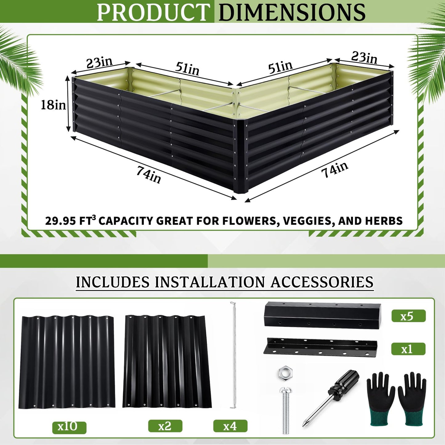 ElaraBerry 6.2x6.2x1.5 ft Raised Galvanized Garden Beds Outdoor L Shaped, Large Corner Metal Deep Root Planter Box with Gloves for Planting Vegetable Flower Herb, Anti Rust, Easy Setup, Gray (Square)