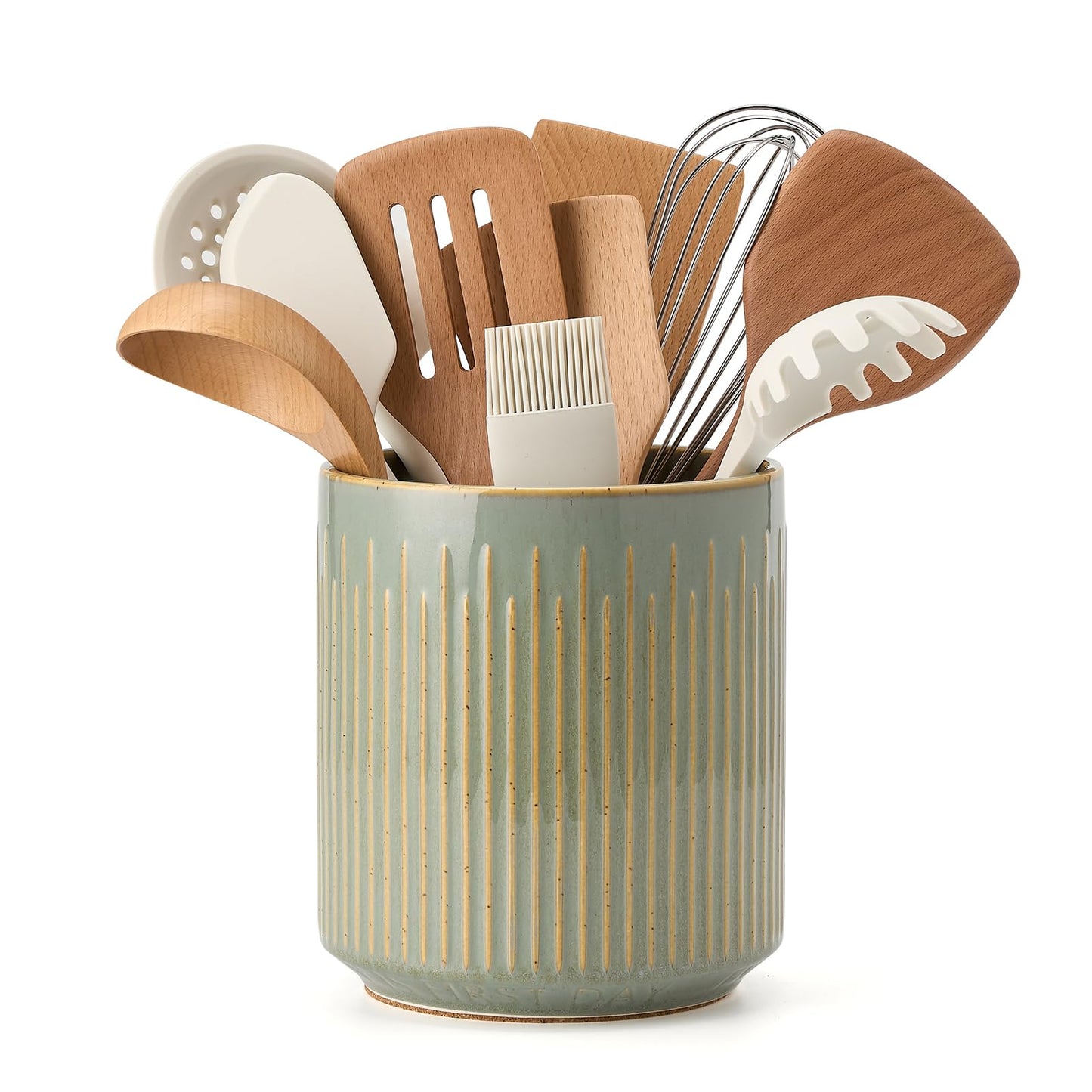 JIEMEI HOME Kitchen Utensil Holder, Ceramic Stable Utensil Crock for Countertop, 7.2" Large Utensil Organizer with Cork Mat, Removable Bamboo Divider for Kitchen Décor and Accessories, Wild Sage Earth
