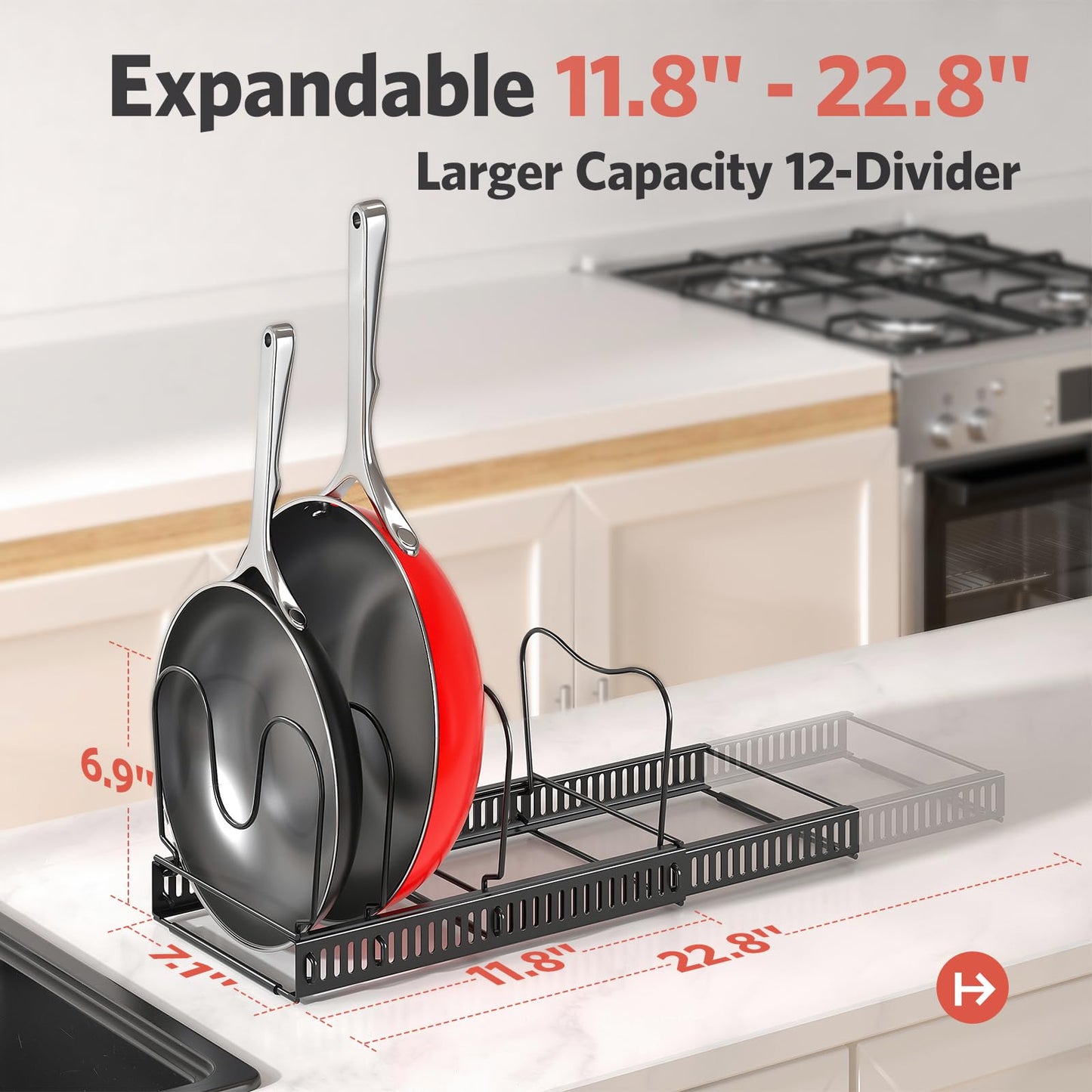 ORDORA Pots and Pans Organizer under Cabinet, Expandable 11.8"-22.8" Pot Lid Holder with 12 Adjustable Dividers, Pan Organizers inside Cabinet for Kitchen Cookware Bakeware, Black