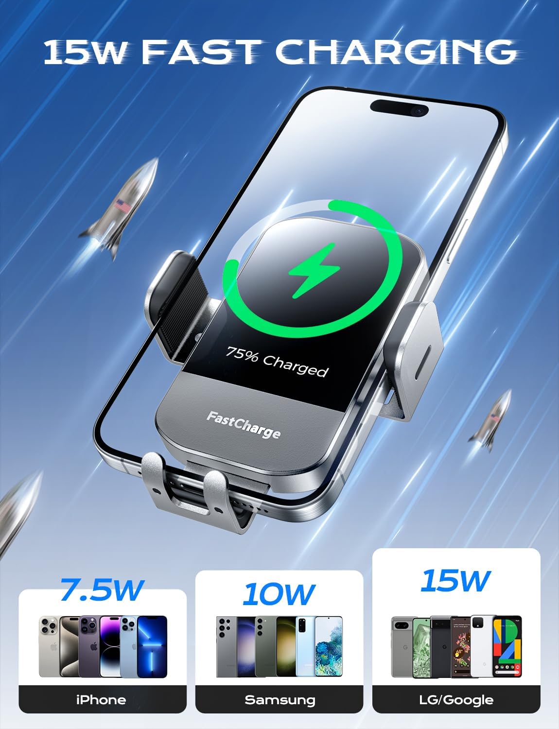 CHGeek Wireless Car Charger, 15W Fast Charging Auto Clamping Car Charger Phone Mount Phone Holder fit for iPhone 15 14 13 12 11 Pro Max Xs, Samsung Galaxy S25 Ultra S24 S23 S22, S21, S20, Silvery