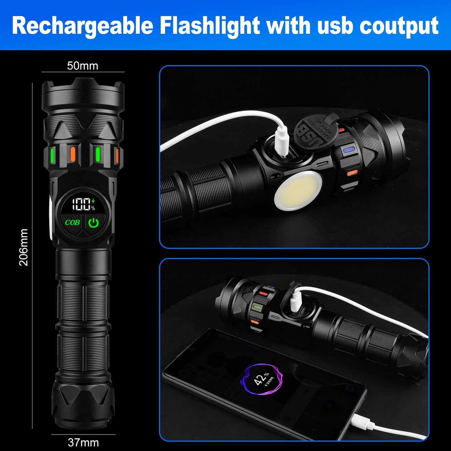 Rechargeable Flashlights High Lumens 5000 Long Distance, Super Bright LED Flash Lights with COB Sidelight USB C LCD Display, Daul Light Source & Buttons with Red Light, for Camping Hiking Emergency