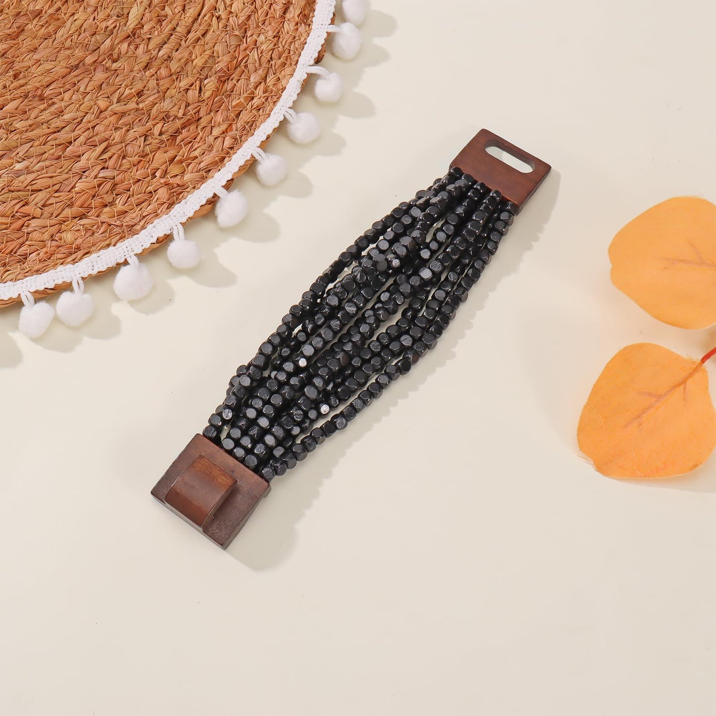 Coiris Boho Bangle Bracelets for Women Wooden Beaded Bracelets Chunky Bohemian Beach Bracelets Jewelry for Women(BR1235-Black)
