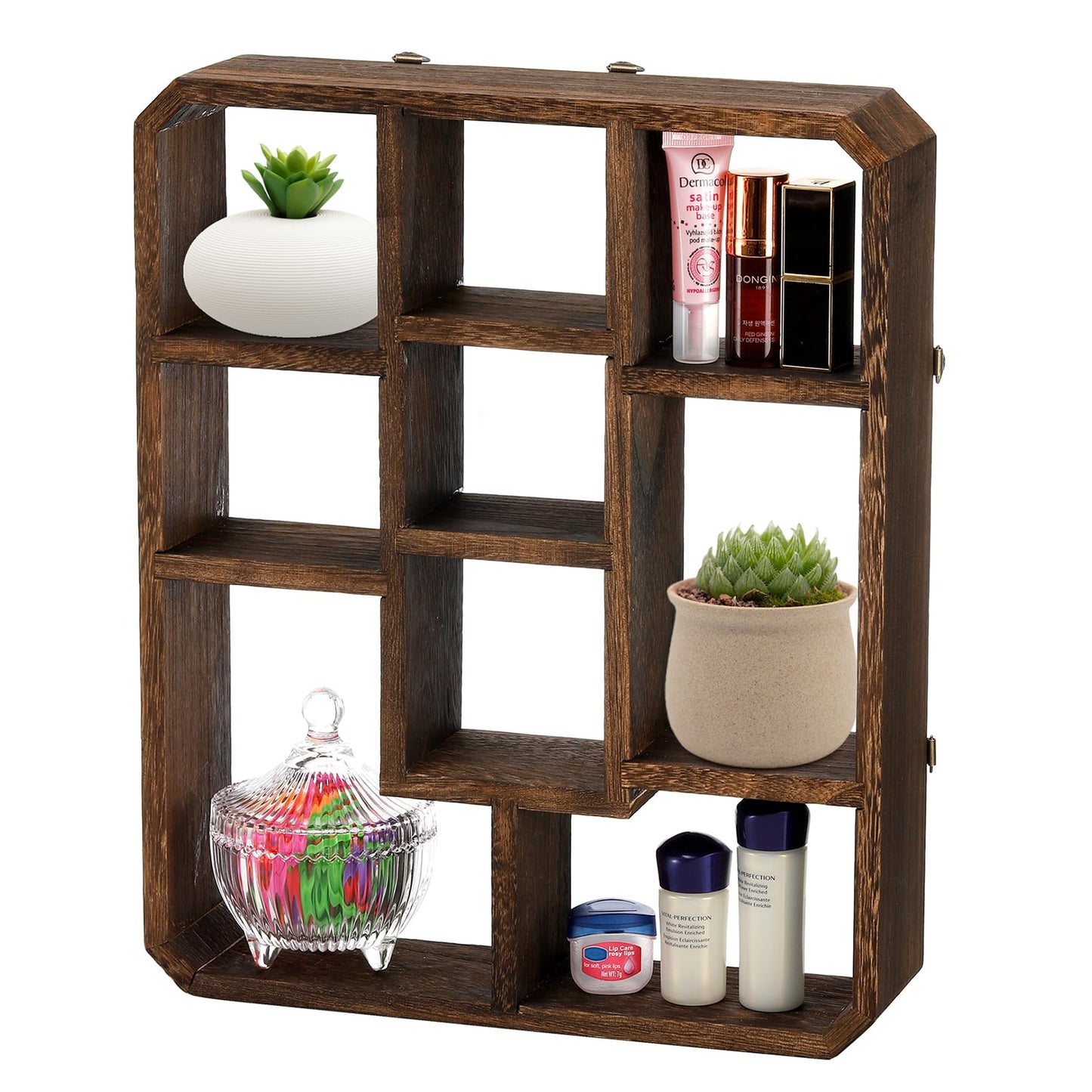 Frcctre Rustic Shadow Box Display Shelf, 9 Compartments Wood Hanging Display Floating Shelves, Multi-Slot Wall Mounted or Freestanding Farmhouse Decor Displays Case
