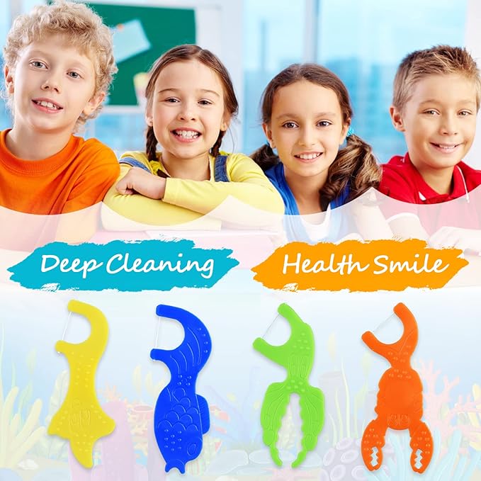 Kids Flossers, Kids Dental Floss Picks Without Fluoride, Unflavored, 4 Colors Ocean Animals Shaped Makes Flossing Fun, 50 Count (Pack of 2)