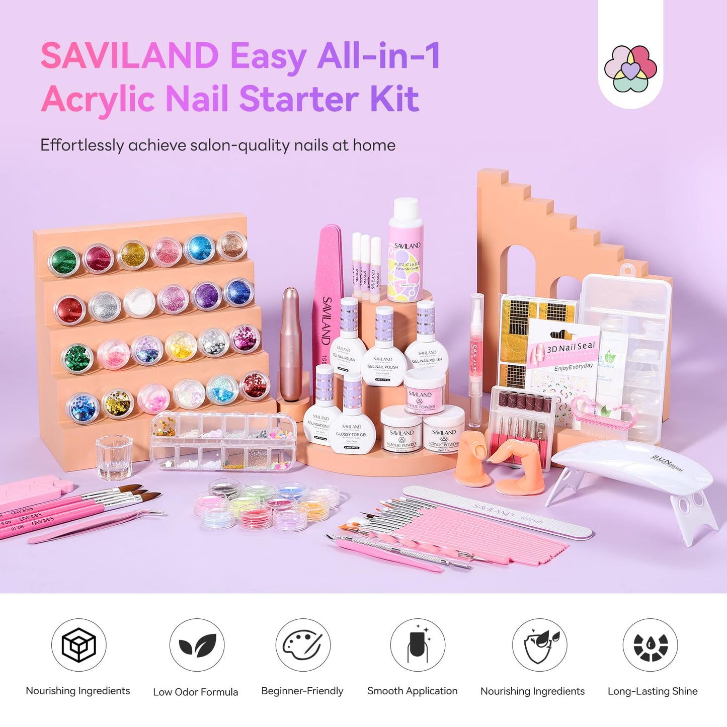 SAVILAND Acrylic Nail Kit: 2026 Hema-free Bio-based All-in-1 Nail Kit with Clear White Pink Acrylic Powder EMA Monomer Nail Drill Full Tools For Beginners Extension Carving Home DIY