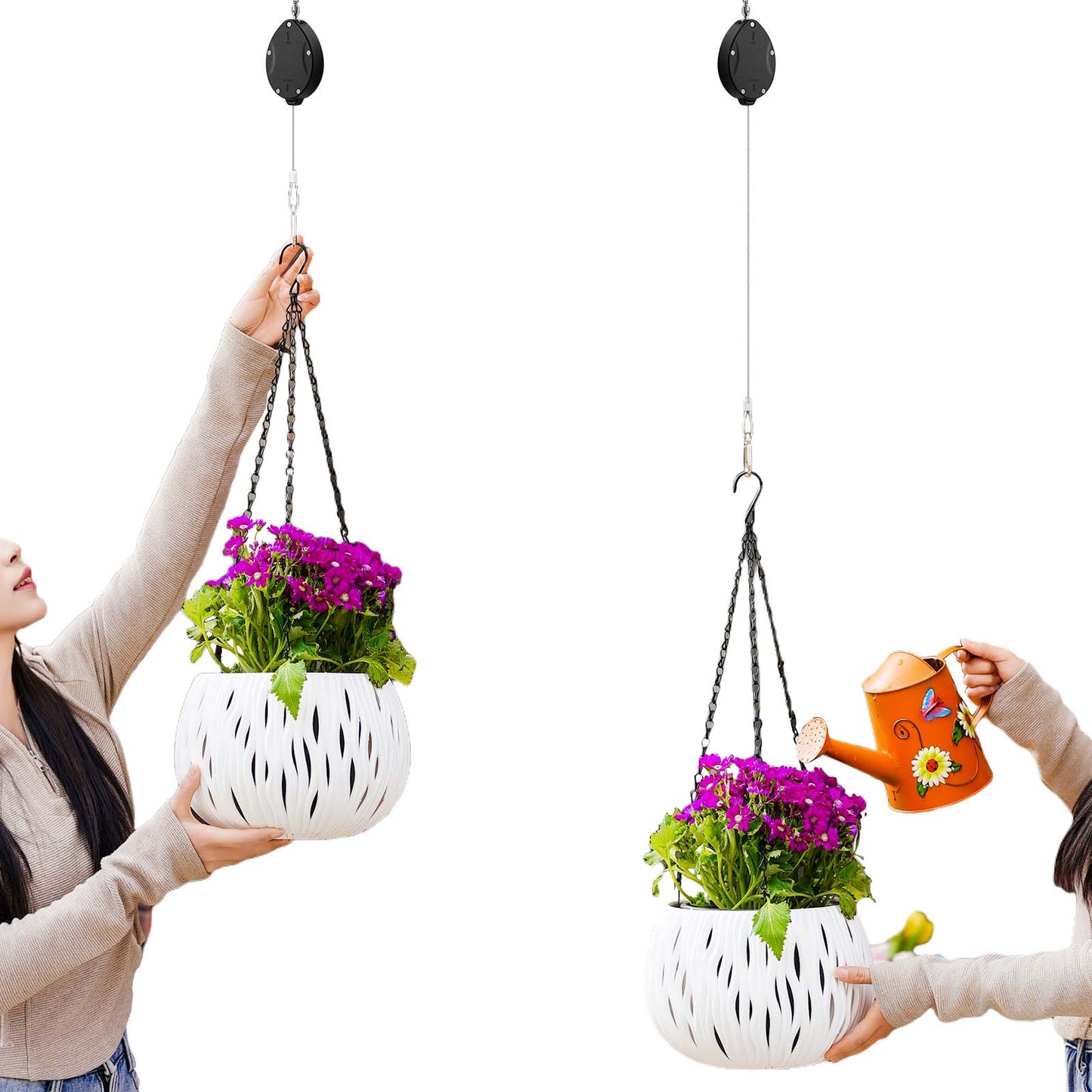 Lythor Retractable Plant Hanger with Pulley System - Adjustable 63Inch Stainless Steel Rope Plant Hooks for Pots Watering, Bird Feeding & Storage | 33lbs Max Load, Rustproof Indoor/Outdoor Use