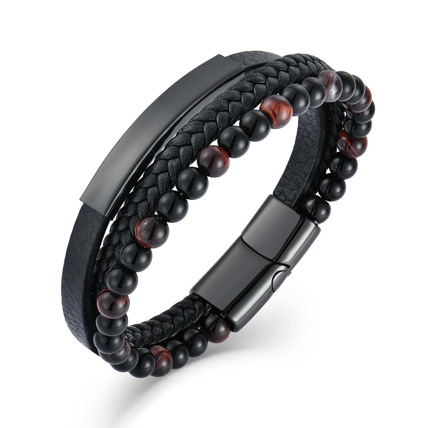 Raymard Mens Tiger Eye Matee Black Onyx Lava Rock Volcanic Stone Beaded Bracelet, Black Braided Leather Bracelet for Men-Matee Black Onyx&Lava Rock