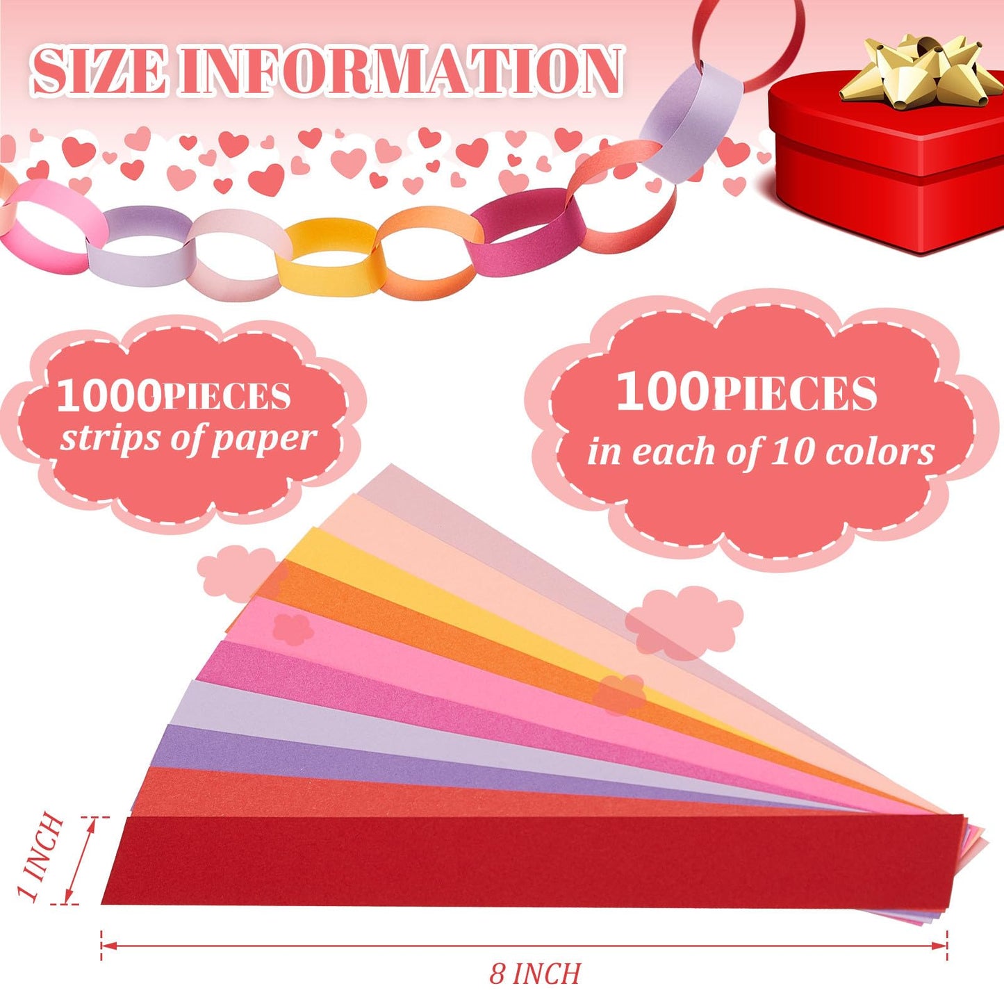 Lincia 1000 Sheet Paper Chain Garland Strips 1x8 Inch with Double Sided Tape, DIY Construction Paper Chains for Birthday Wedding Holiday Party Decorations, Crafts Supplies (Valentine)