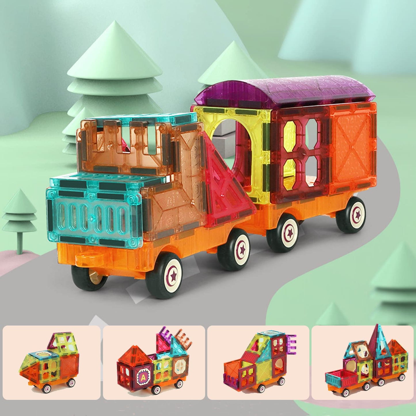 BUBUQE Magnetic Tiles Building Blocks with 4 Cars Magnet Train Set for Kids Construction STEM Toy Preschool Educational Creativity Learning Brithday Gift for Girls Boys Toddlers 3 4 5 6 7 8